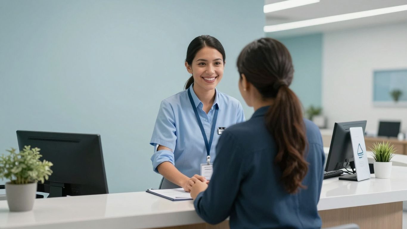 AI receptionist assisting a patient in a medical office.