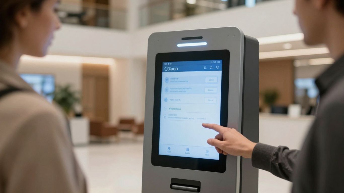 Automated tenant check-in kiosk in a modern lobby.