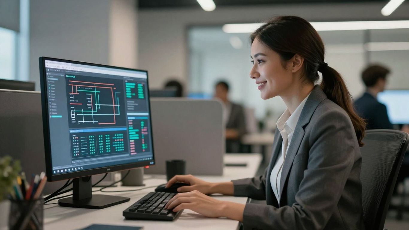Professional woman interacting with business software on a computer.
