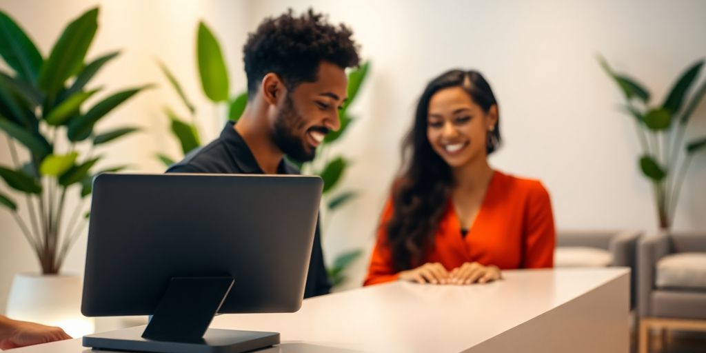 AI receptionist greeting client at massage clinic.