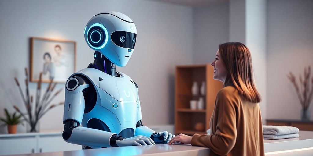 AI receptionist greeting client at modern massage clinic.
