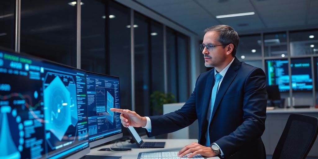Lawyer working with AI on a futuristic desk.
