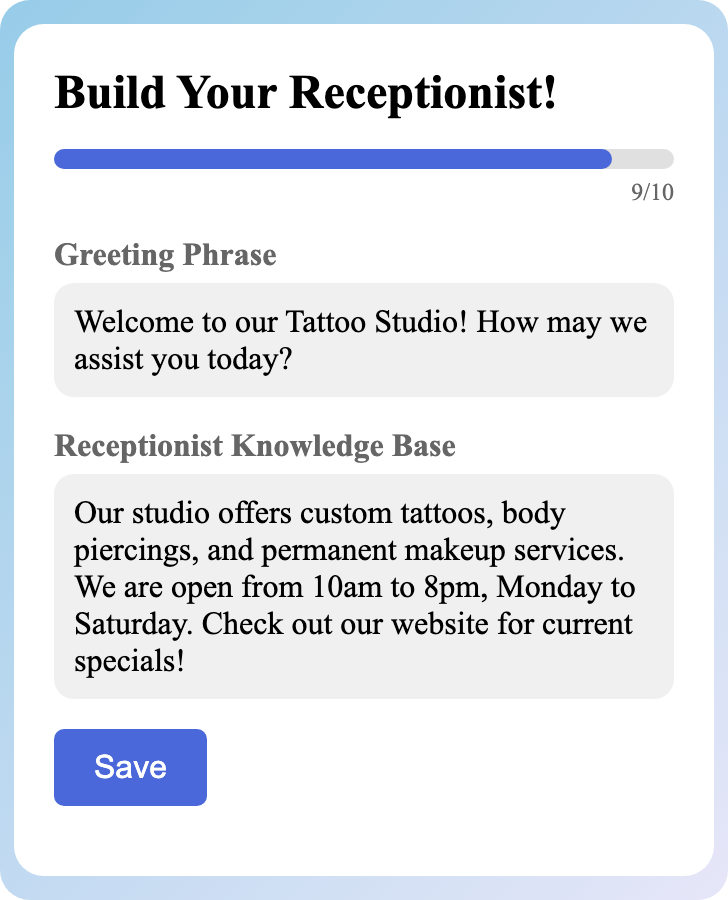 Sample receptionist setup for Tattoo Studio
