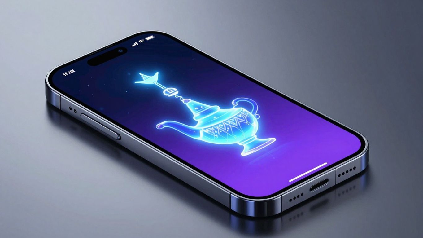 VoiceGenie AI assistant on a futuristic smartphone.