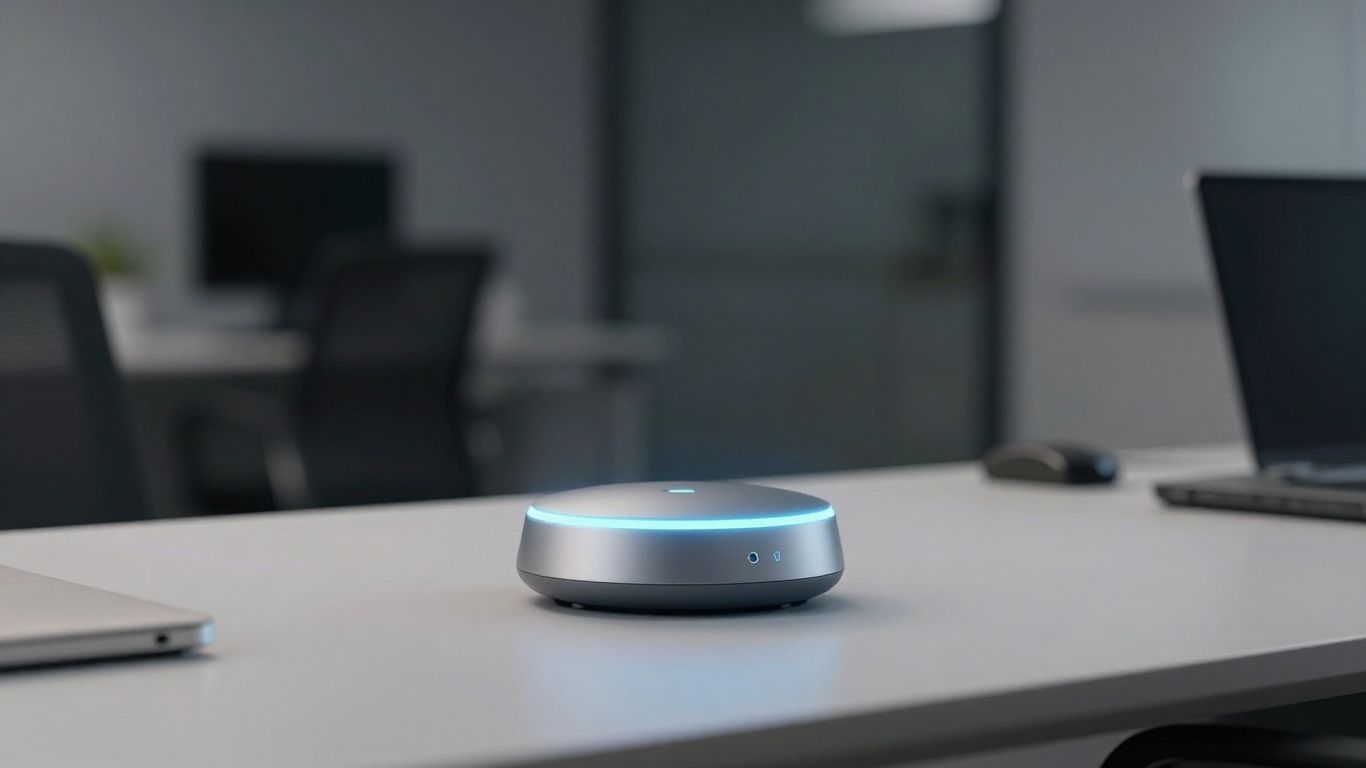 Futuristic AI voice assistant device in a modern office.