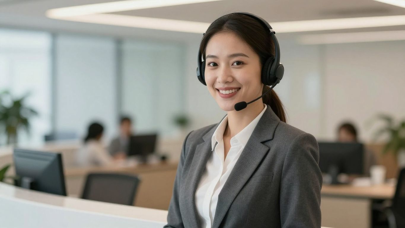 Professional woman with headset, friendly office reception