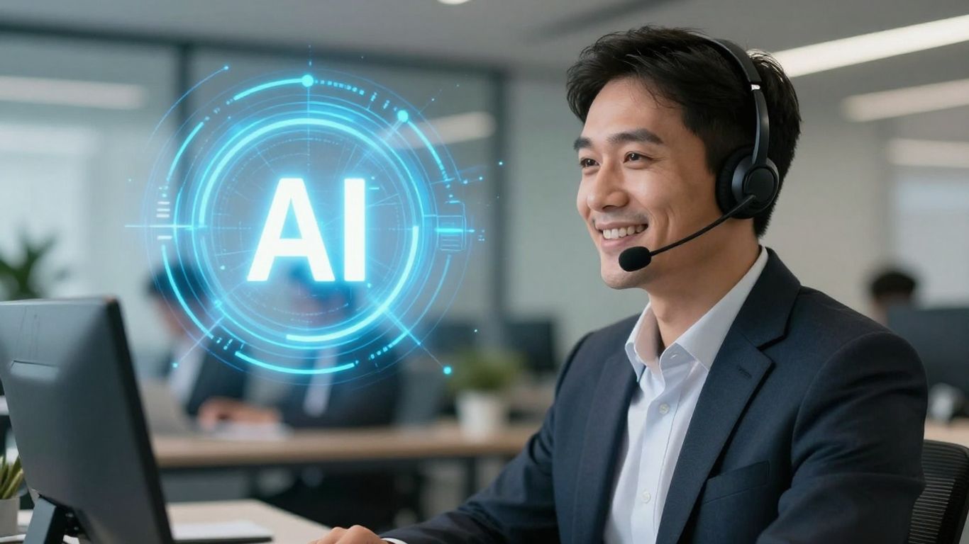 Business person using AI for after-hours phone support.
