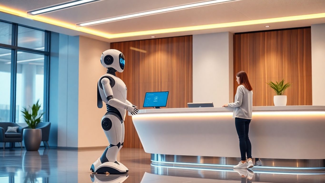 AI receptionist bot at a modern desk