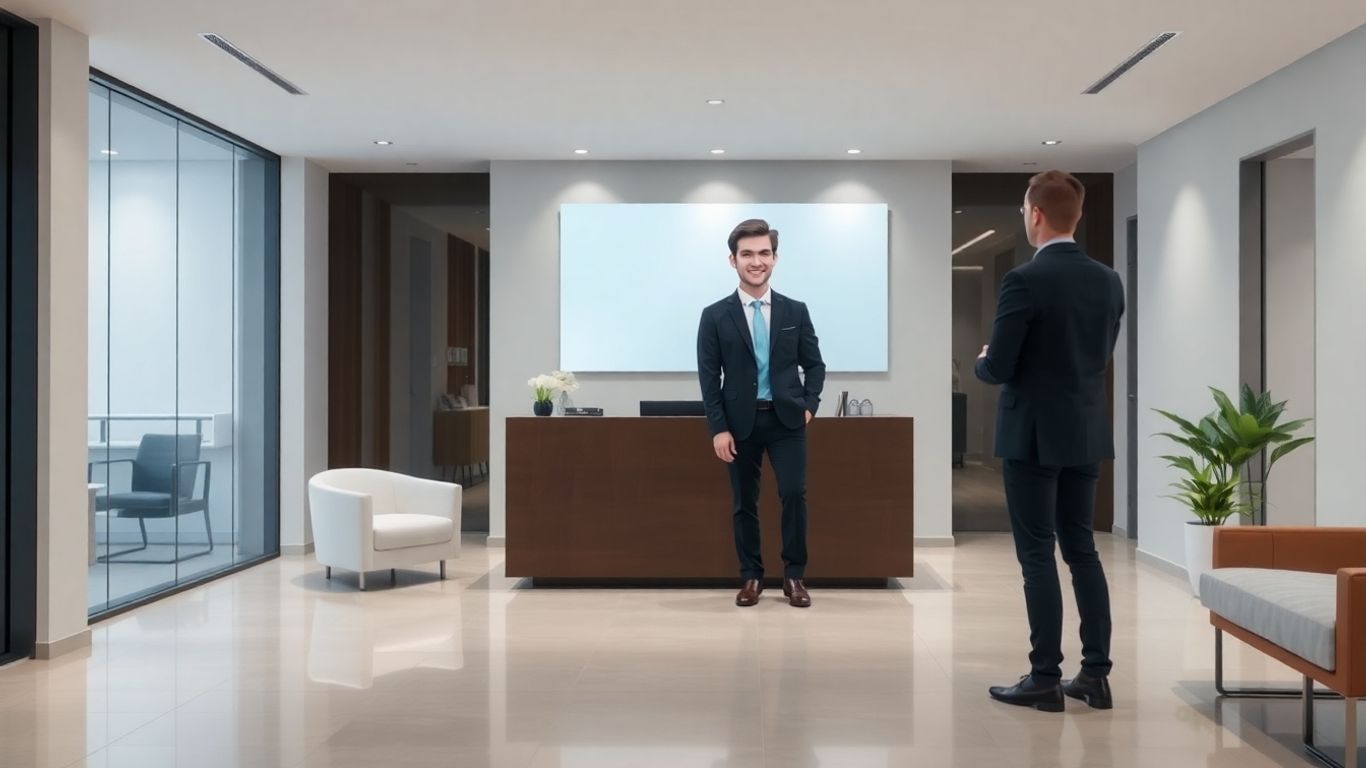 AI receptionist avatar in a modern office.