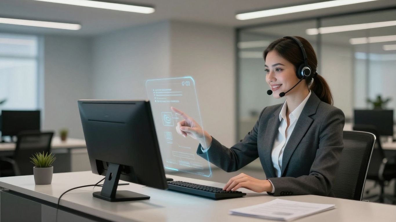 AI virtual receptionist avatar on a holographic display.