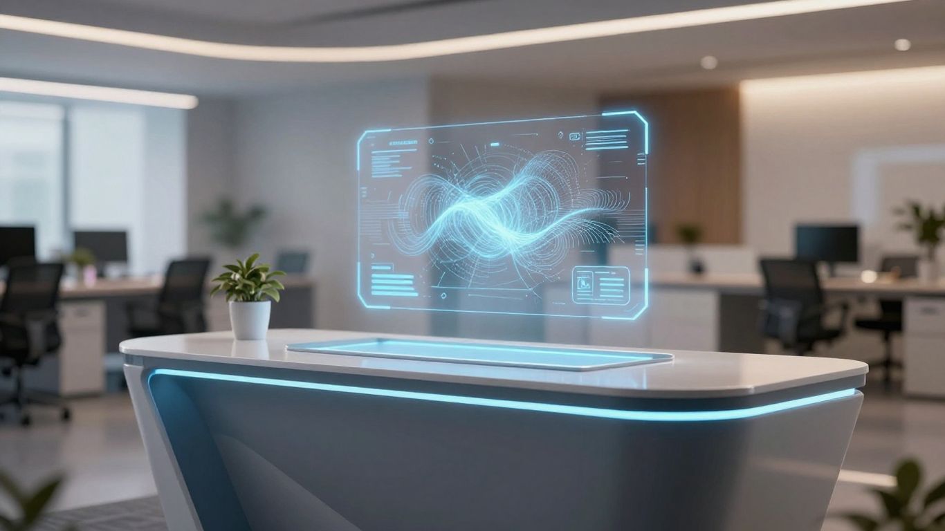 AI virtual receptionist interface at a modern office desk.
