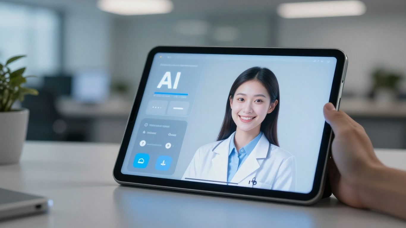 AI voice bot interface on a tablet screen.