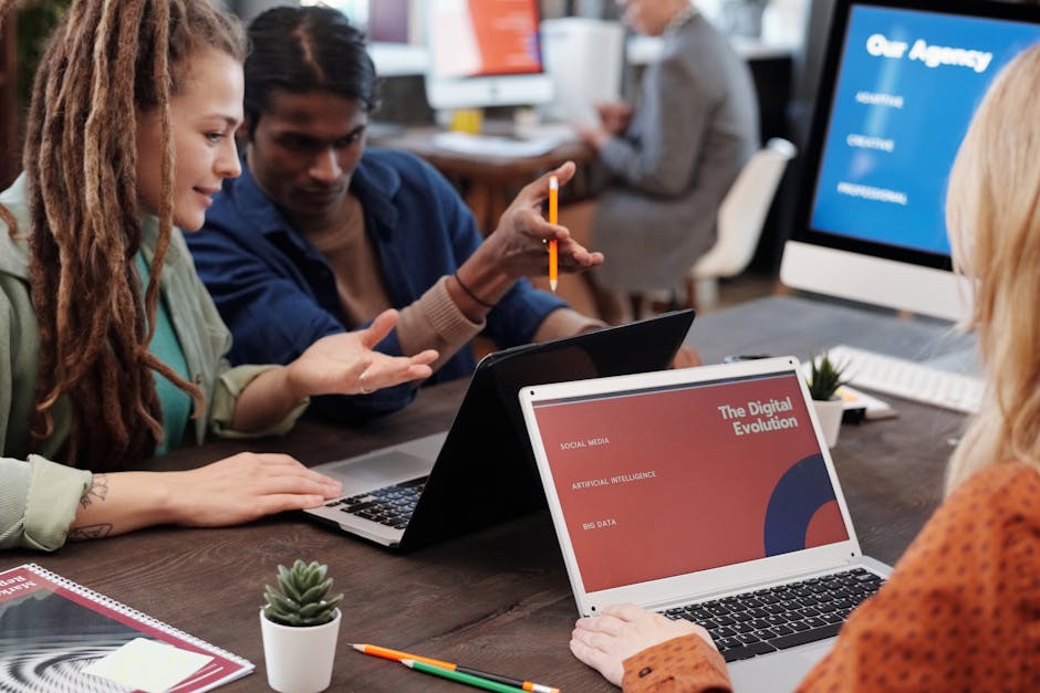 A modern office setting featuring diverse professionals collaborating with digital technology related to AI.