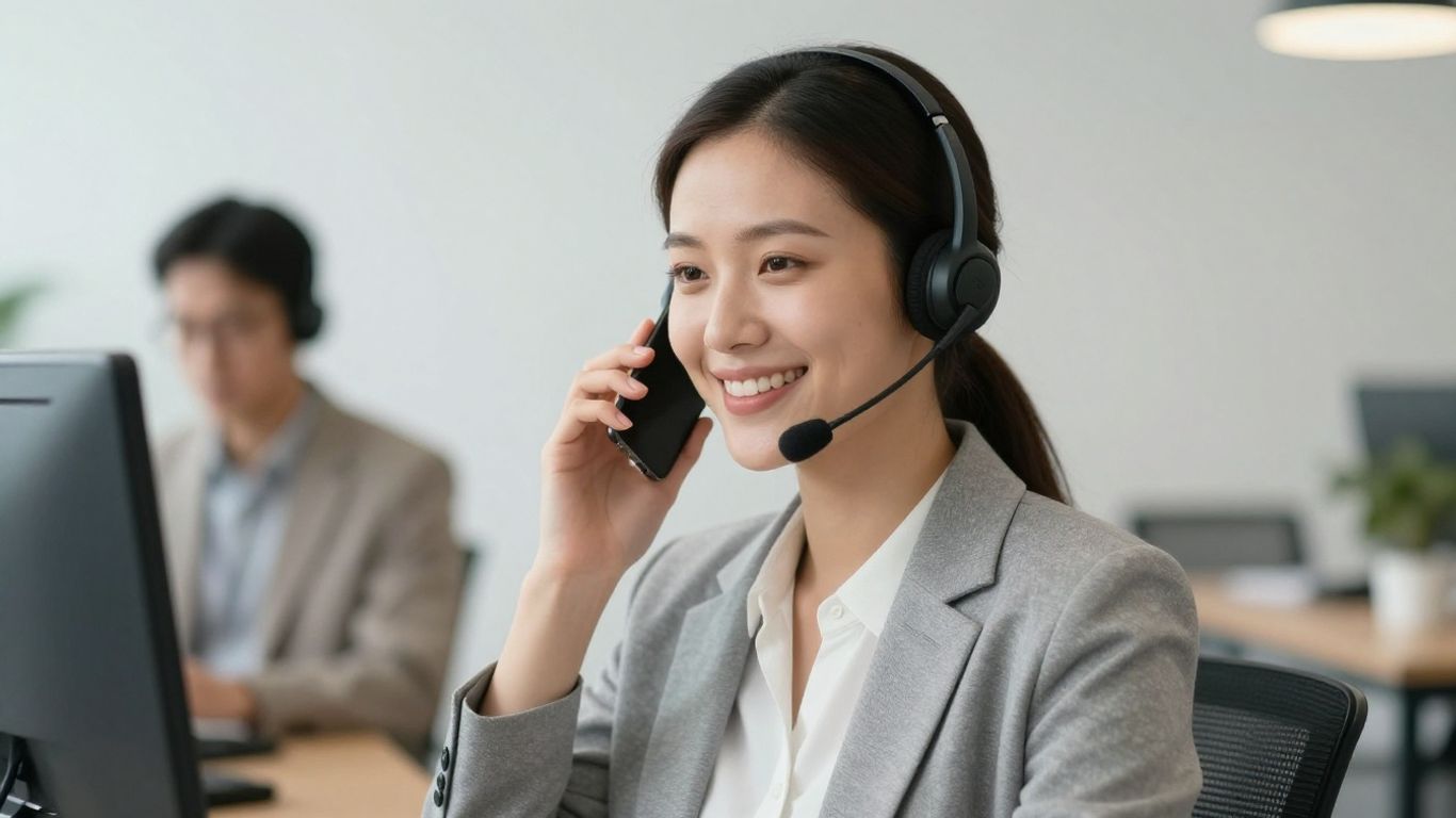 Professional woman with headset answering a business call.