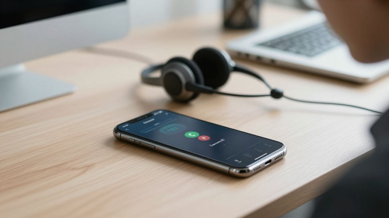 Freshcaller app on a smartphone with a headset.
