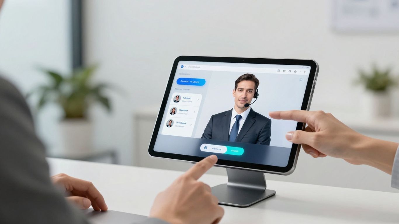AI receptionist interface on tablet with diverse hands