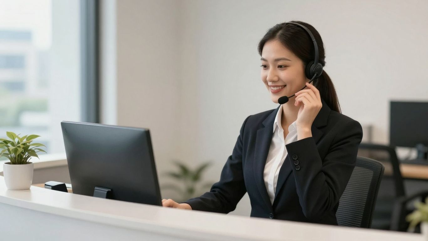Professional receptionist with headset in a modern office.