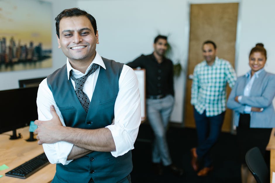 A dynamic office setting with an AI receptionist assisting teams, showcasing modern business solutions.