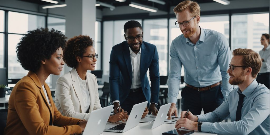 Professionals collaborating with AI in a modern office.