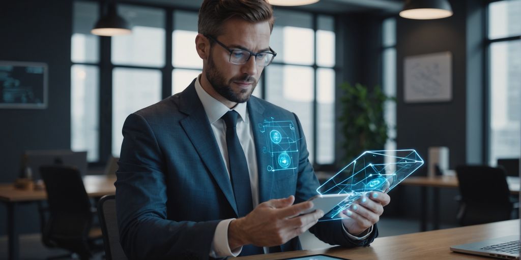 Professional using smartphone with AI holograms in office