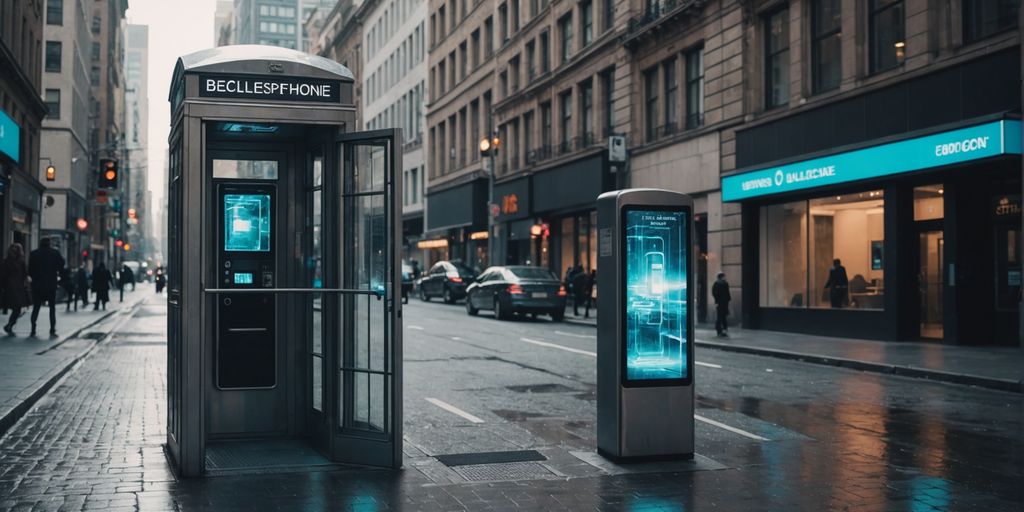 Vintage phone booth with futuristic AI holographic interface.