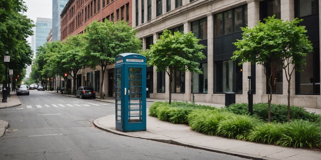 Old phone booth on a modern urban street