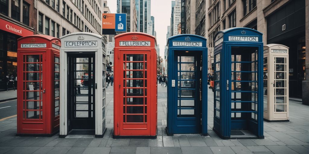 Phone booth with smartphones and AI icons