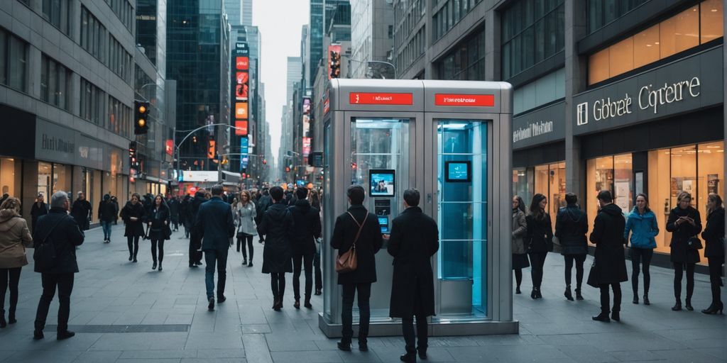 Futuristic phone booth in modern cityscape with people