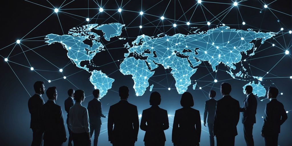 People connected globally by glowing lines.
