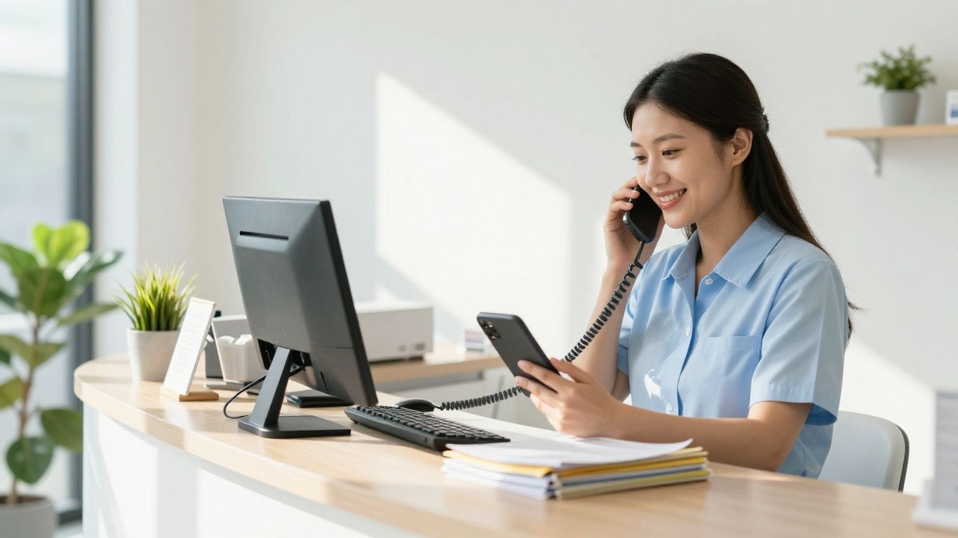 Dental receptionist managing tasks with a smile.