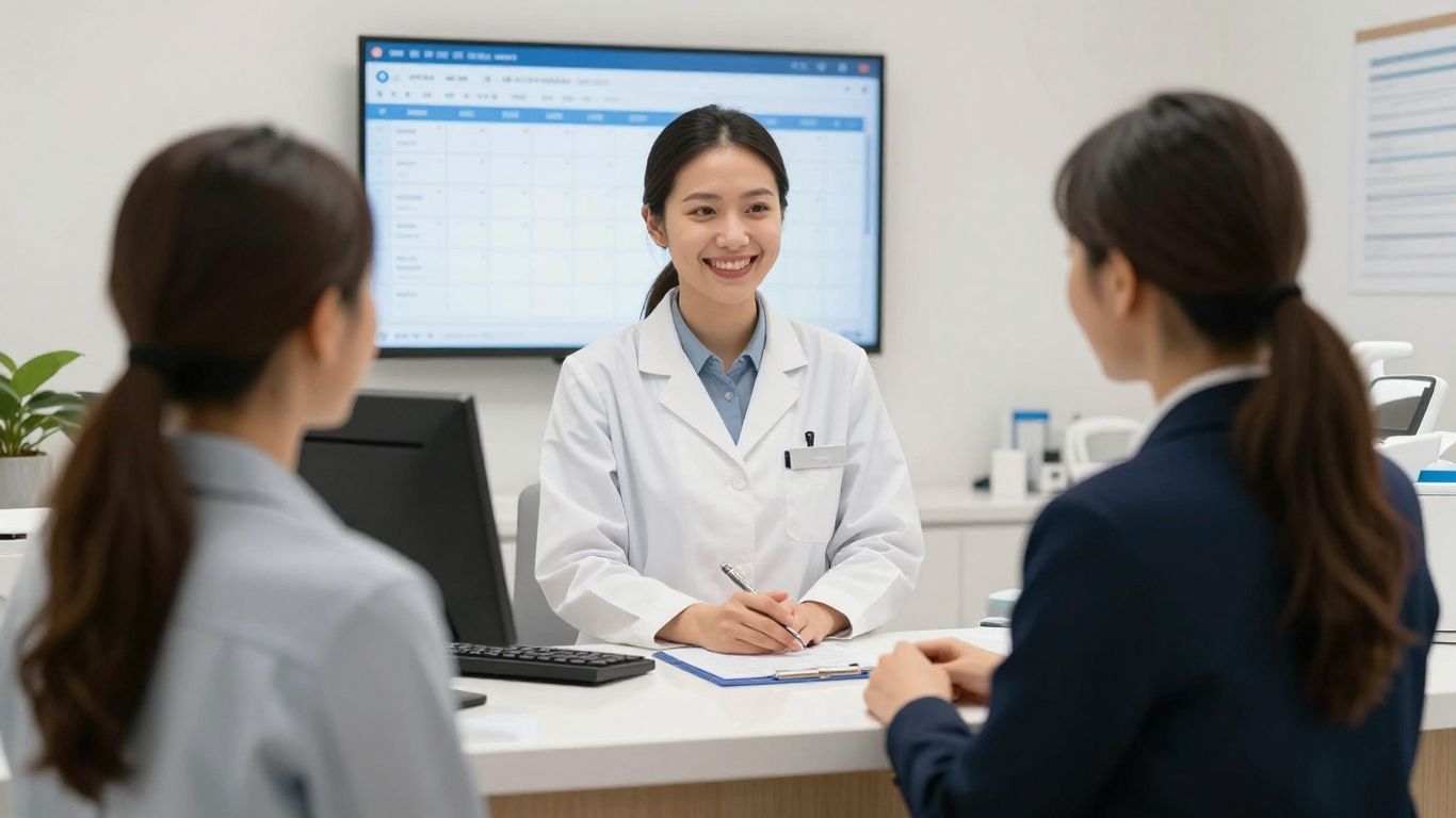 Receptionist assisting patient at dental office desk.
