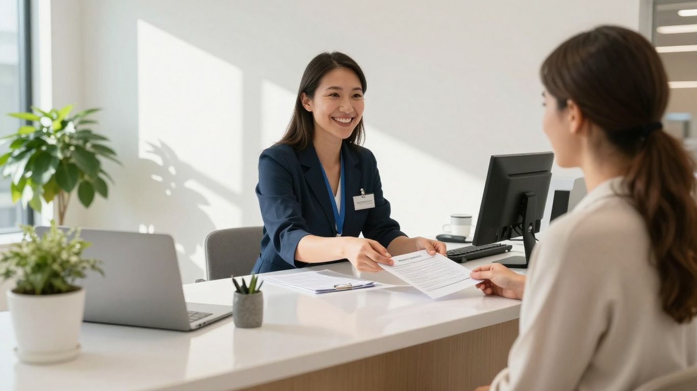 Dental receptionist smiling and interacting with a patient.