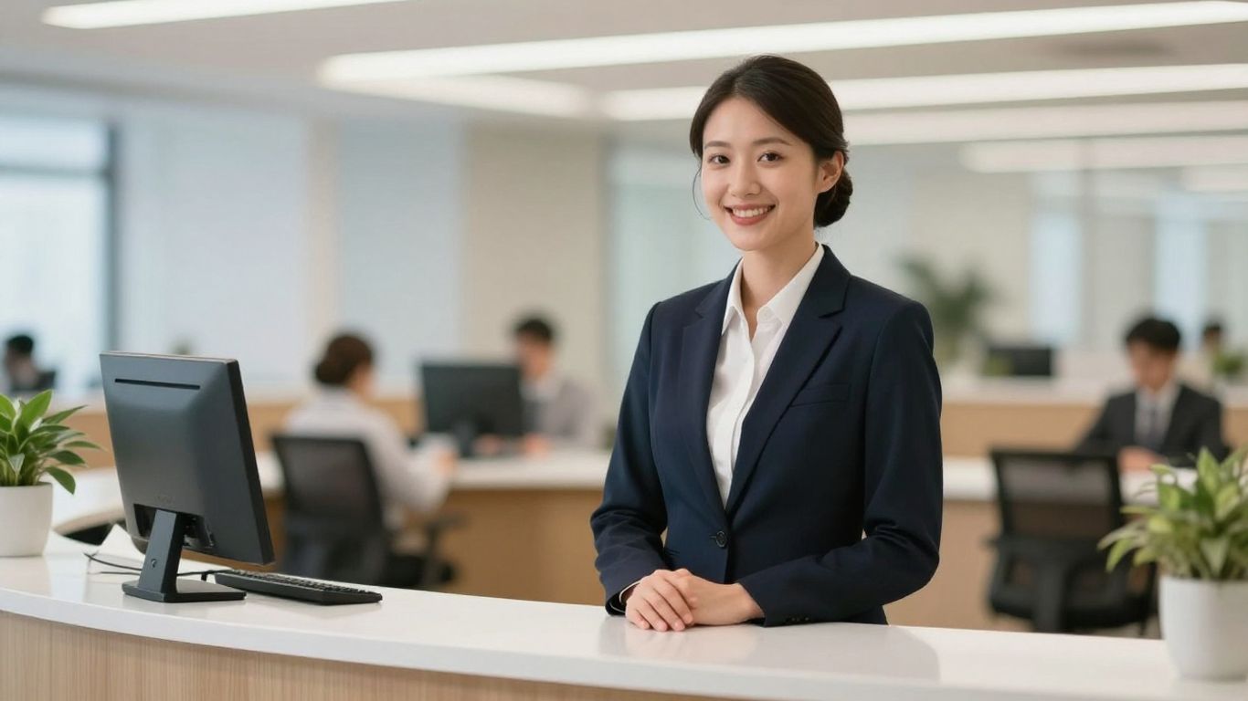 Professional receptionist at a modern office desk.