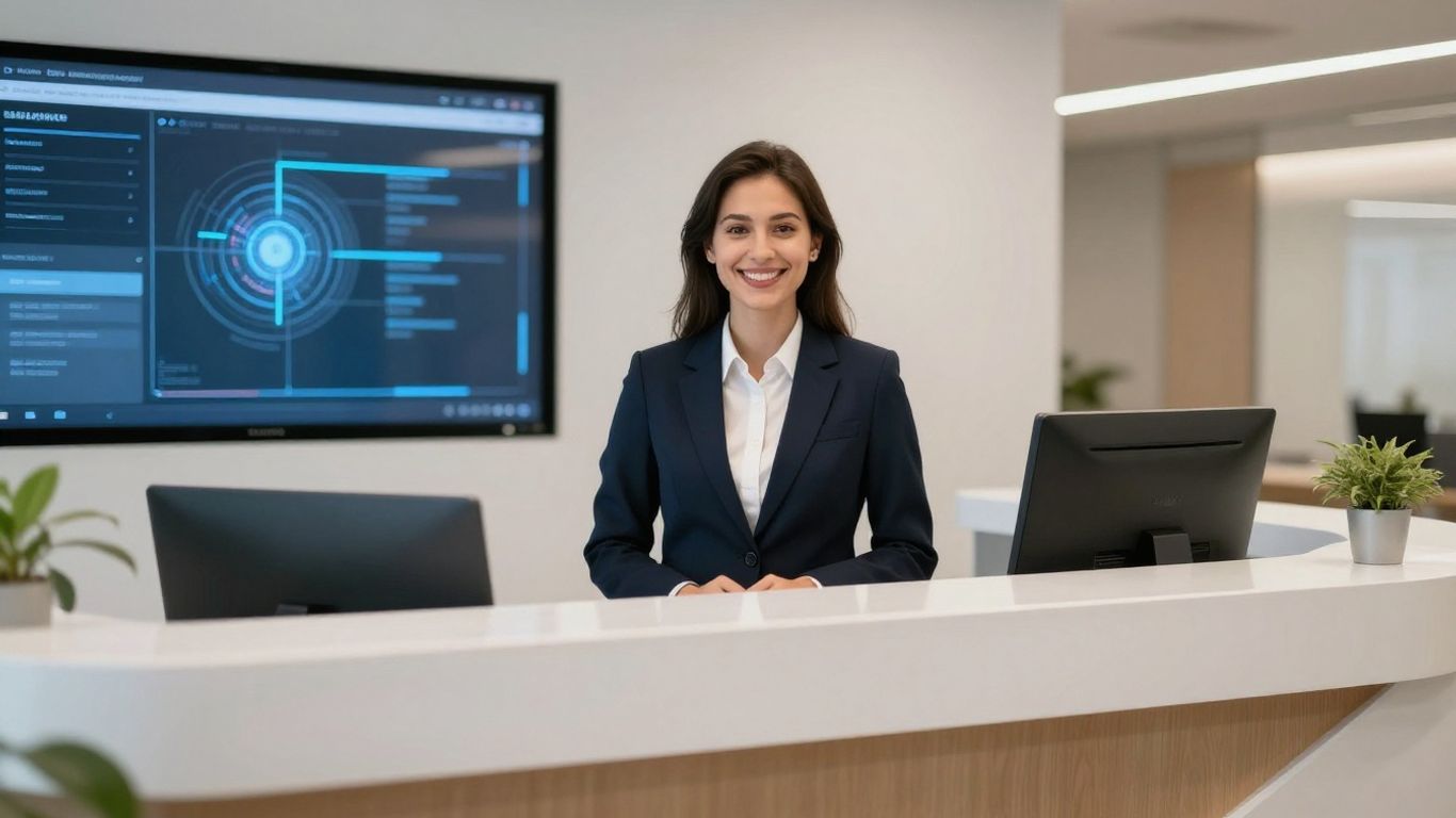 Modern office reception with a friendly human receptionist.