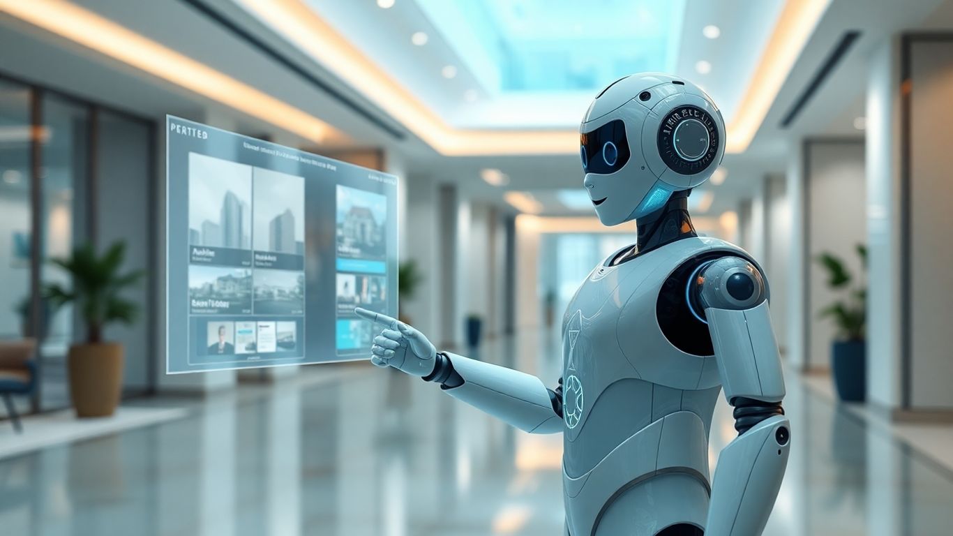 AI receptionist interacting with holographic property display.