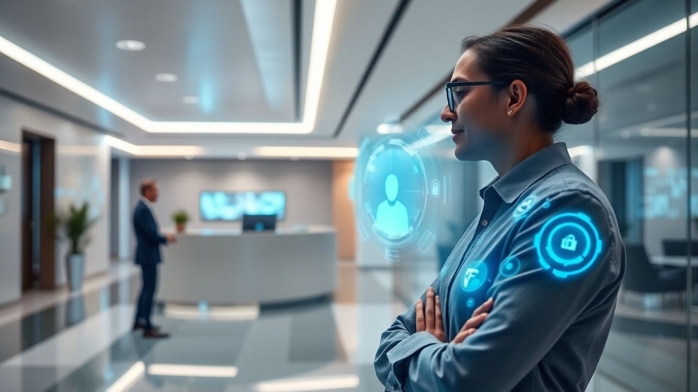 AI receptionist interacting with a client in an office.