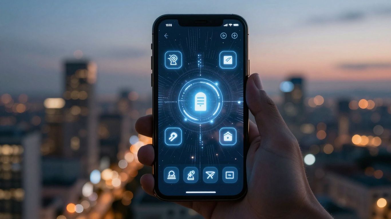Futuristic AI phone answering assistant interface on a smartphone.