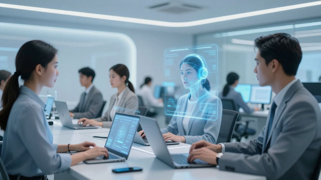 AI and human agents in a futuristic call center.
