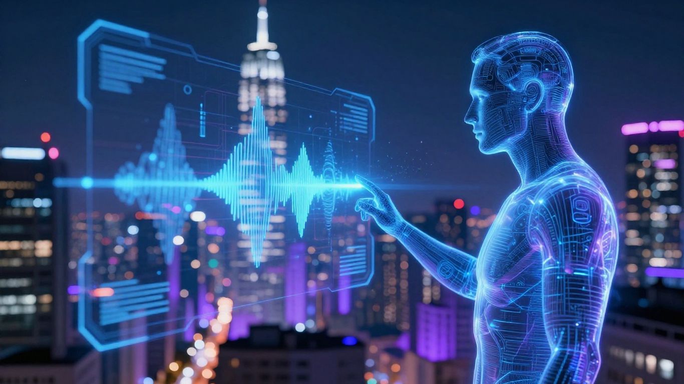 Futuristic AI voice agent interface with holographic elements.