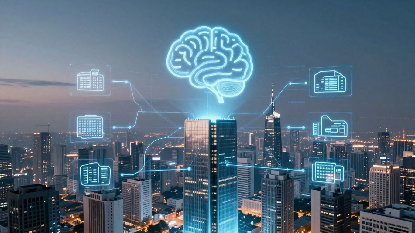 AI brain connecting to futuristic cityscape and real estate.