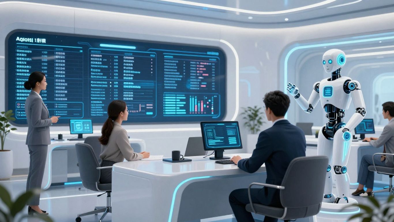 AI robot agent assisting human real estate agents with holographic displays.