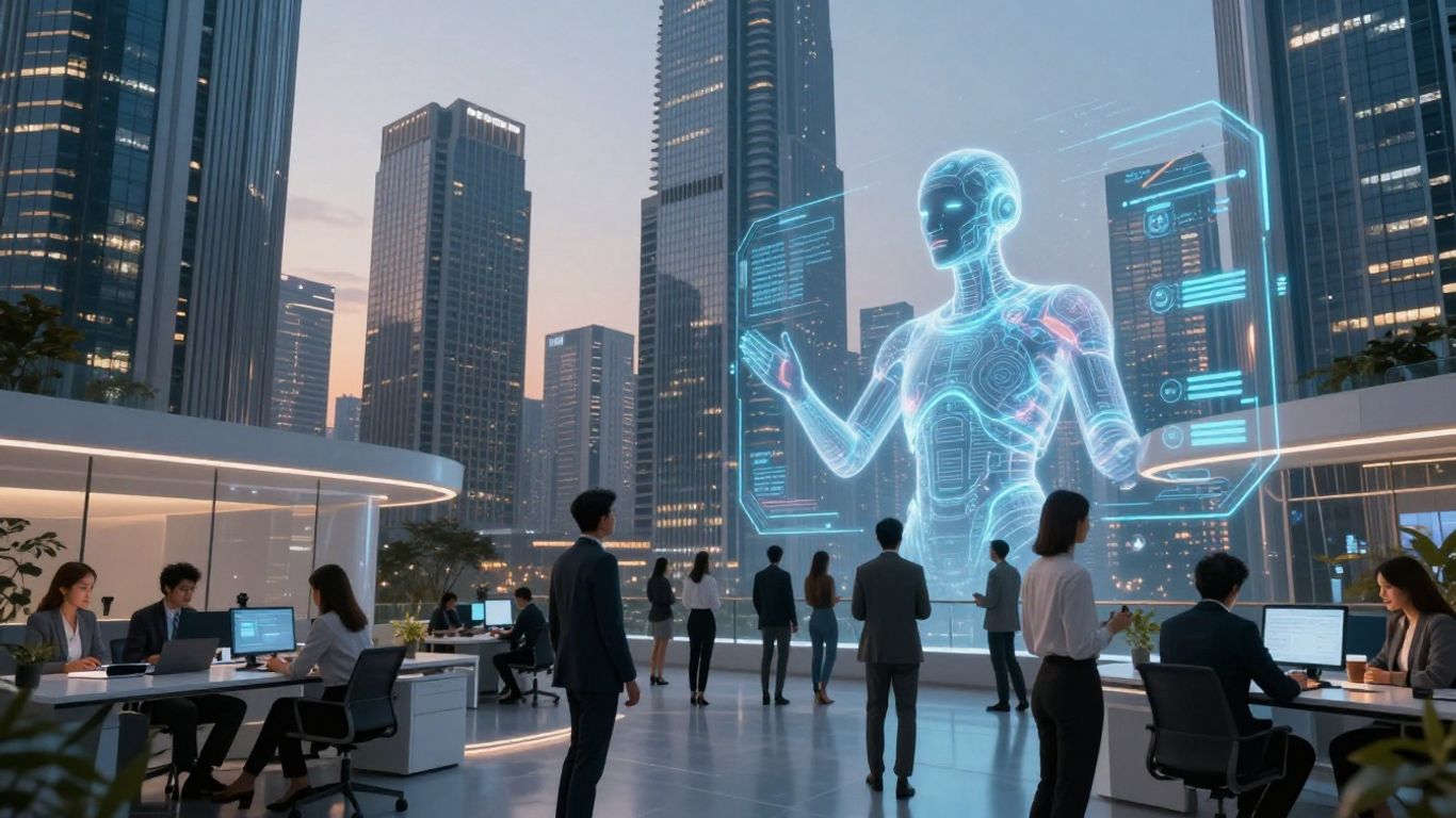 AI agent interacting with people in a futuristic real estate setting.
