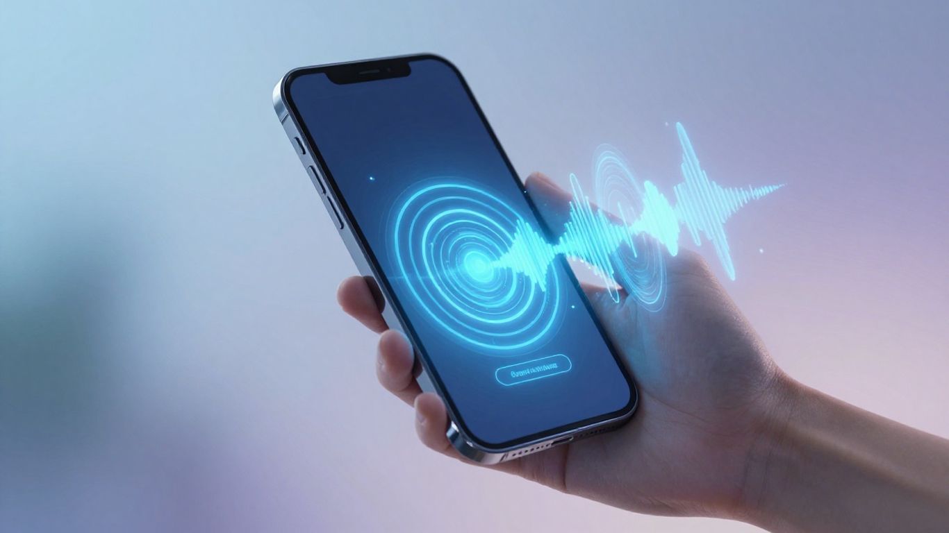 AI interface on a smartphone with sound waves.