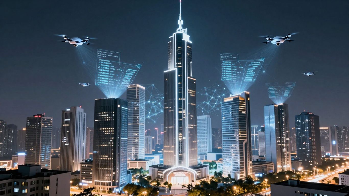 Futuristic cityscape with AI neural networks and holographic property listings.
