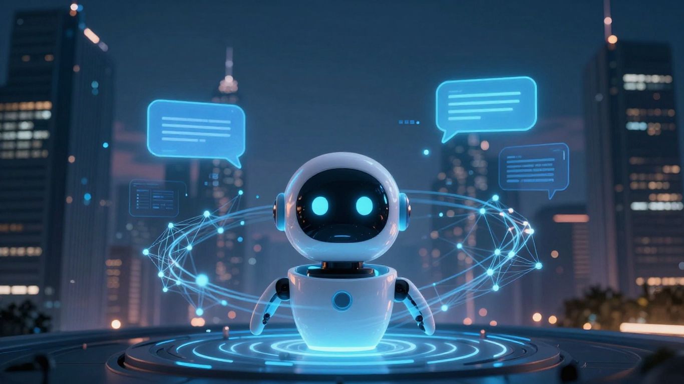 Futuristic cityscape with AI chatbot avatar.