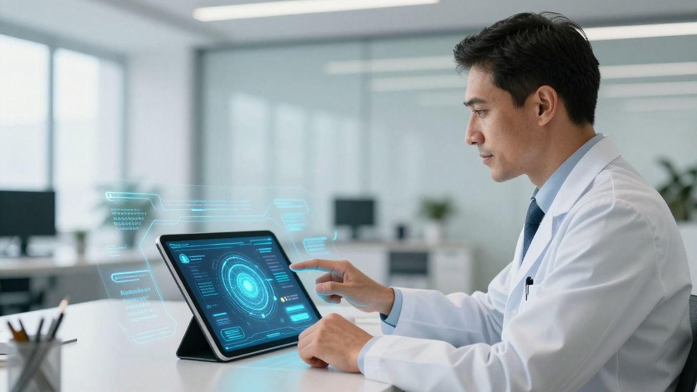 Financial advisor using AI chatbot on tablet.