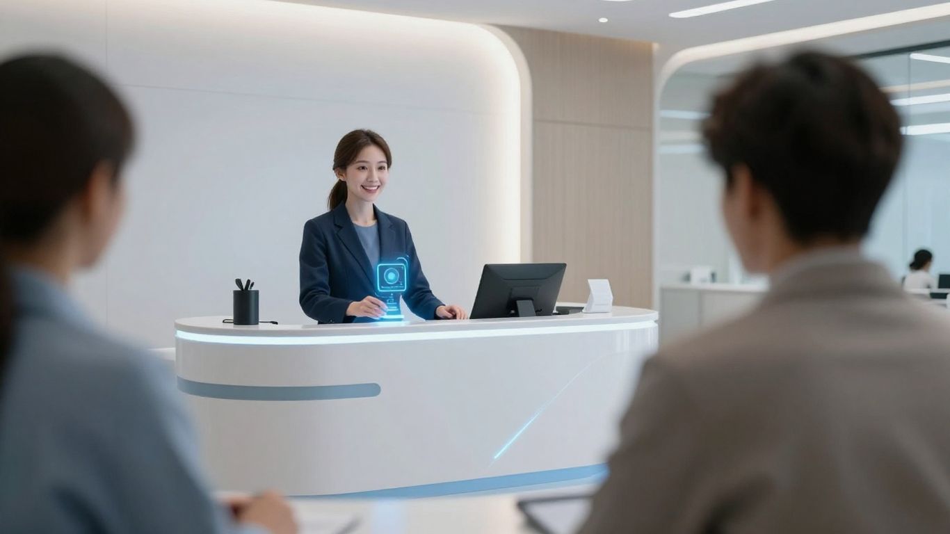 AI receptionist assisting a patient at a clinic.