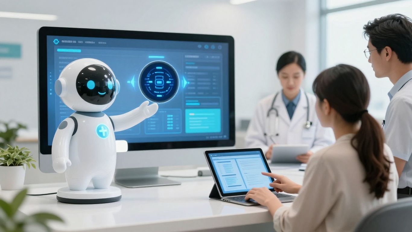 AI receptionist assisting a patient in a clinic.