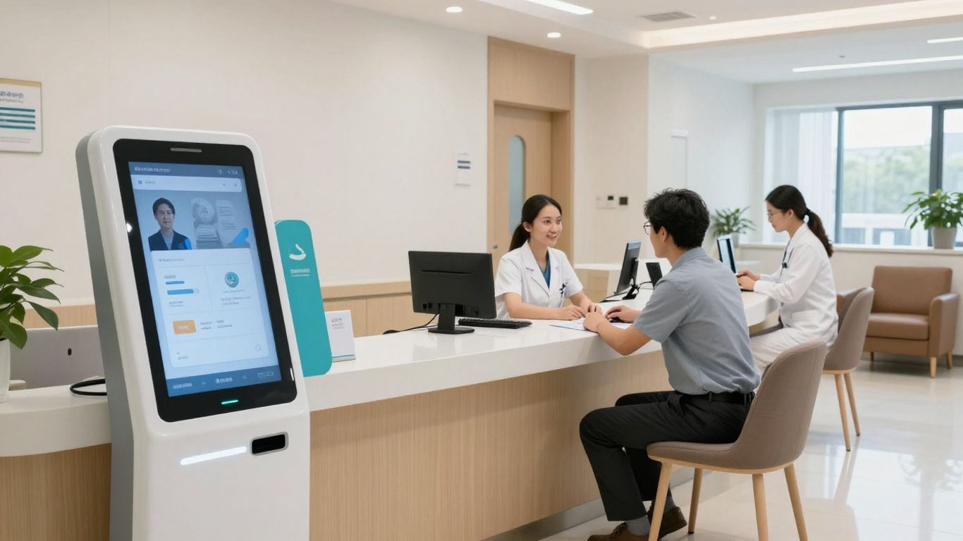 Patient using AI kiosk at modern clinic reception desk.