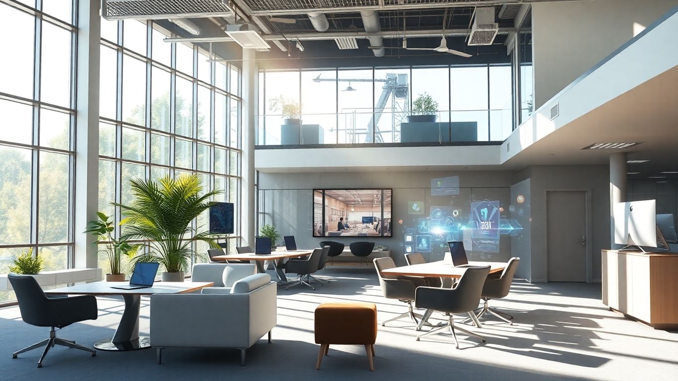 Modern office with sunlight and glowing digital interfaces.